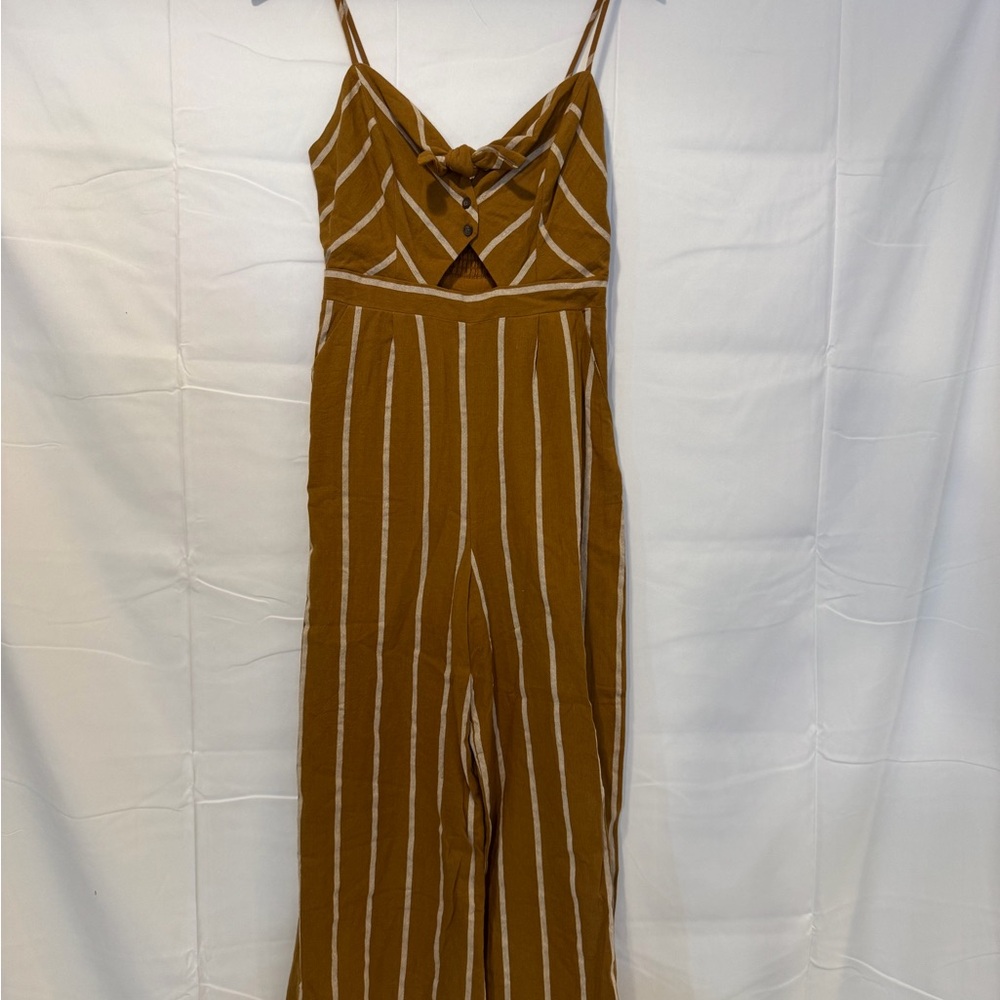 Astr Striped Spaghetti-Strap Jumpsuit in Mustard Brown
